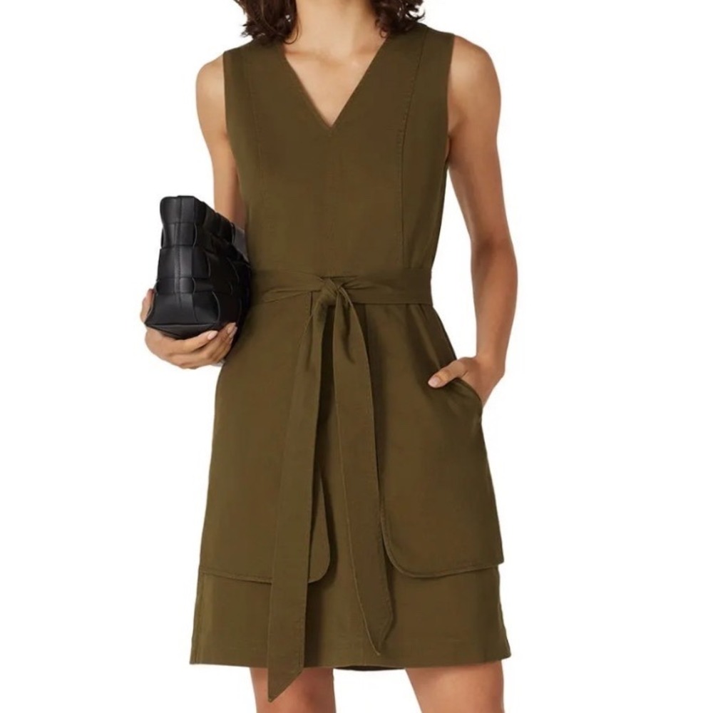 Toccin NY Olive Green utility dress Sz 4Sleeveless V-Neck Belted quiet luxury